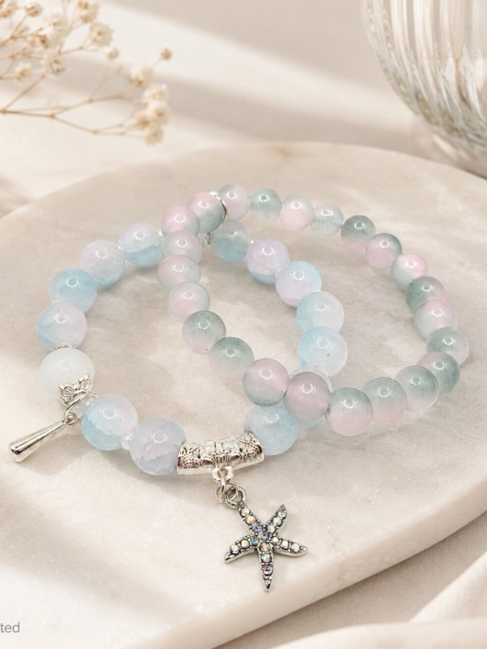 Pastel Starfish Bracelet Stack, Coastal Beaded Bracelets, Beachy Stretch Jewelry